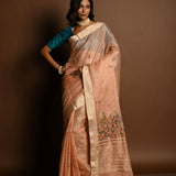 Pink Pure Linen Saree with Floral Resham Thread Embroidery Work - Anvi Couture