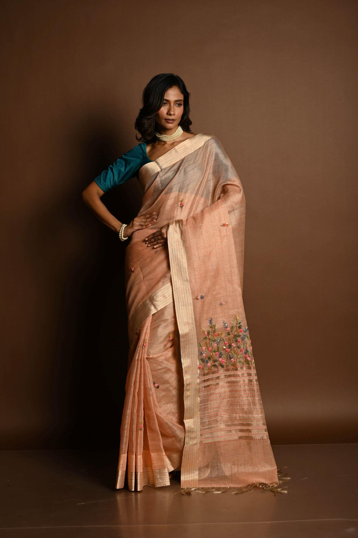 Pink Pure Linen Saree with Floral Resham Thread Embroidery Work - Anvi Couture