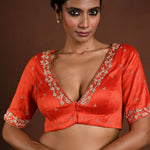Orange Hand Embroidered Bridal Blouse with Half Sleeves and Front Closure - Anvi Couture