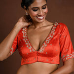 Orange Hand Embroidered Bridal Blouse with Half Sleeves and Front Closure - Anvi Couture