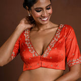 Orange Hand Embroidered Bridal Blouse with Half Sleeves and Front Closure - Anvi Couture