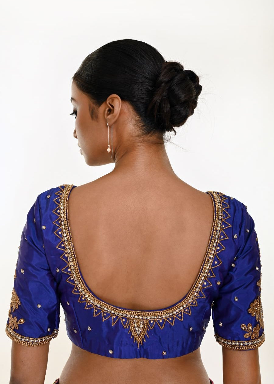 Royal Blue Pure Silk Hand Embroidered Blouse - Anvi Couture