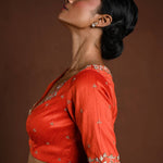 Orange Hand Embroidered Bridal Blouse with Half Sleeves and Front Closure - Anvi Couture