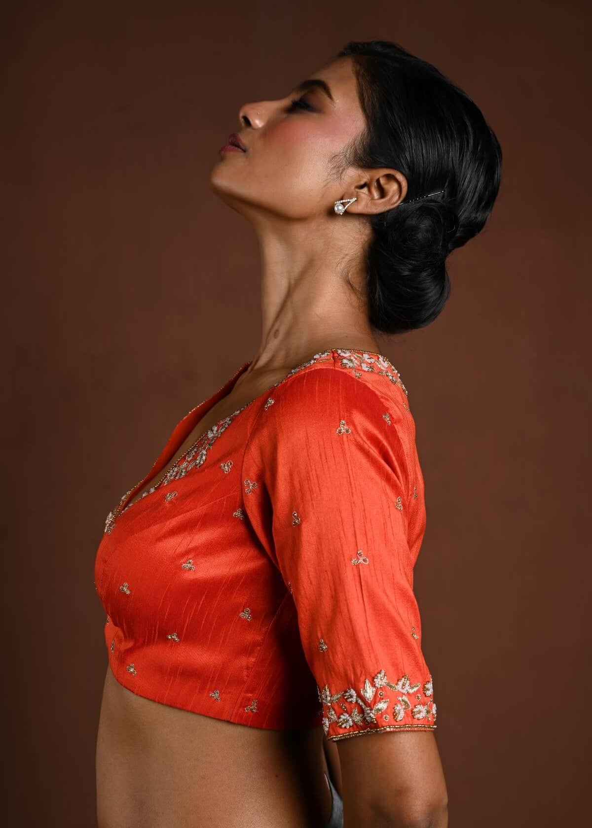 Orange Hand Embroidered Bridal Blouse with Half Sleeves and Front Closure - Anvi Couture