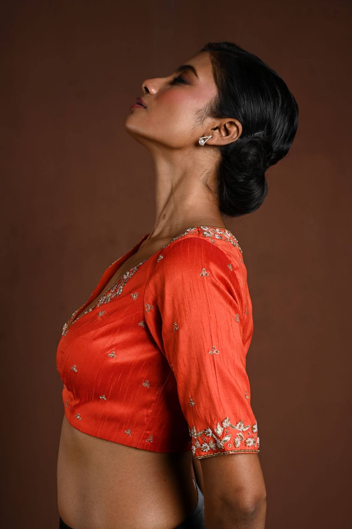 Orange Hand Embroidered Bridal Blouse with Half Sleeves and Front Closure - Anvi Couture
