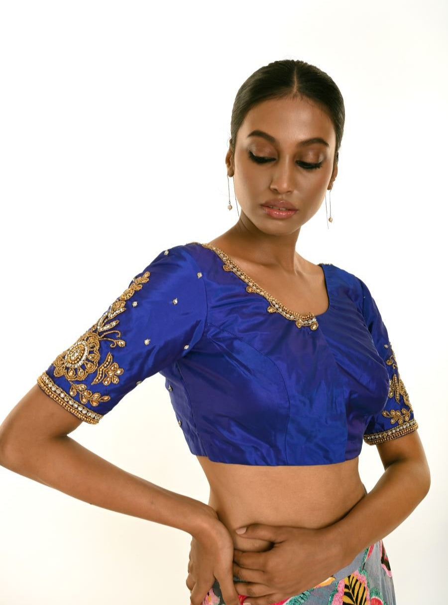 Royal Blue Pure Silk Hand Embroidered Blouse for Bridal Wear - Anvi Couture - Image 1