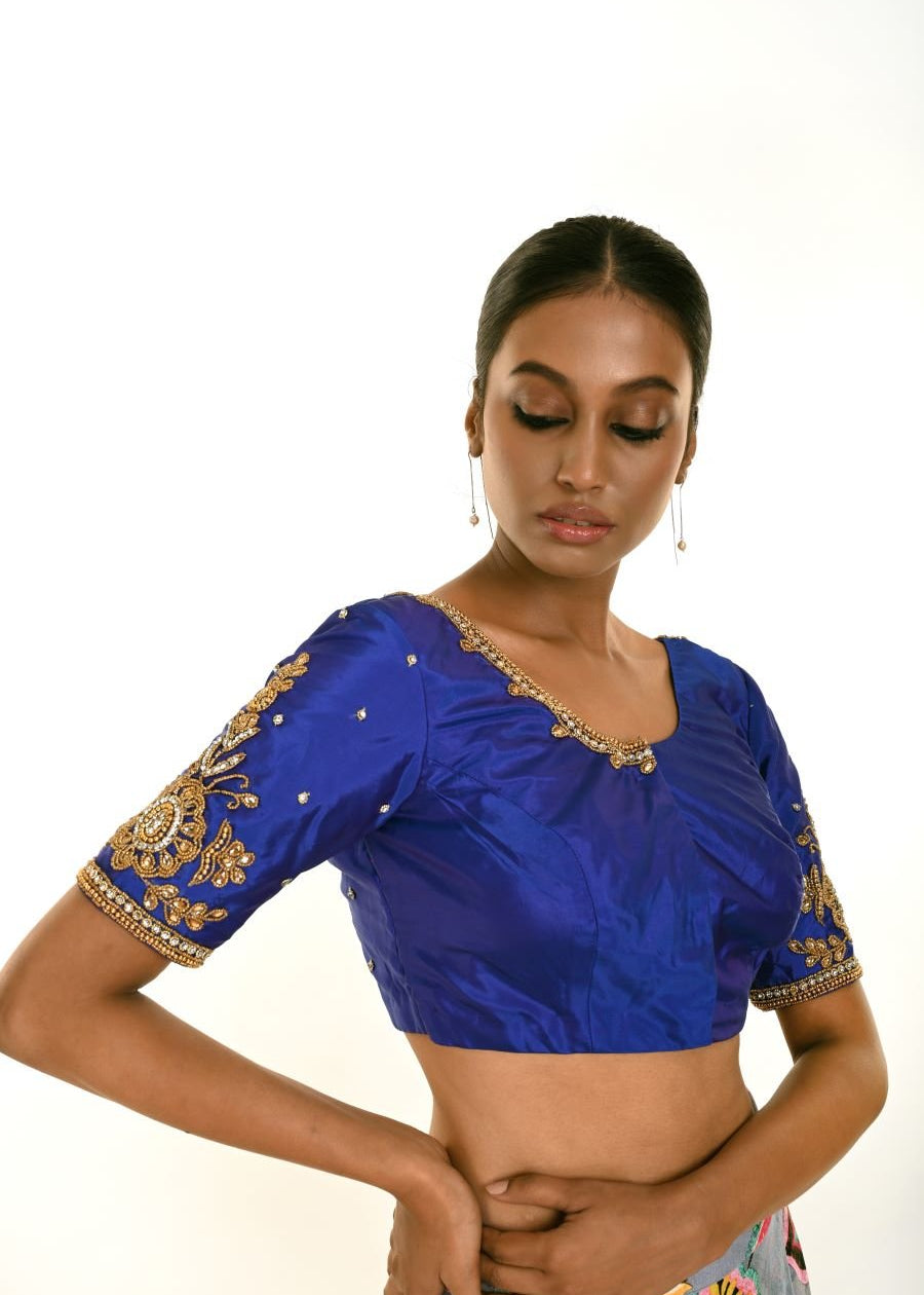 Royal Blue Pure Silk Hand Embroidered Blouse - Anvi Couture