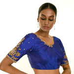 Royal Blue Pure Silk Hand Embroidered Blouse - Anvi Couture