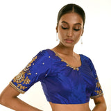 Royal Blue Pure Silk Hand Embroidered Blouse - Anvi Couture