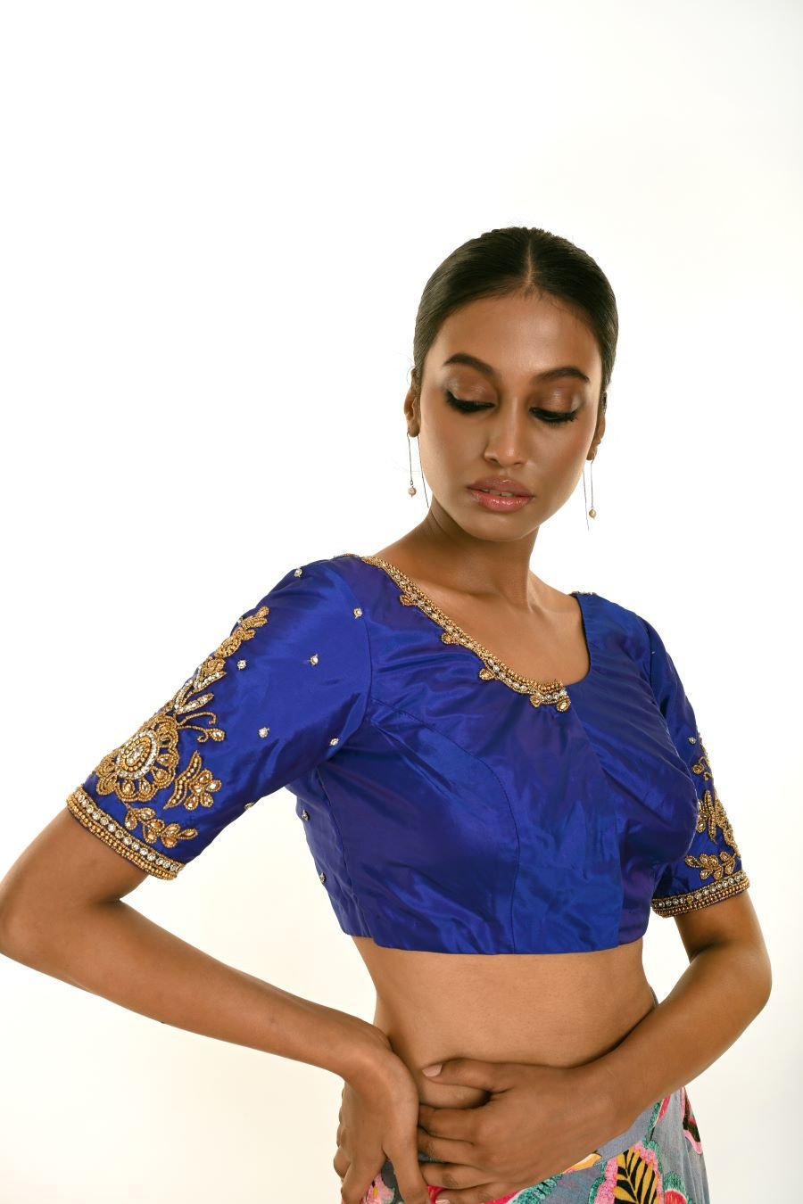 Royal Blue Pure Silk Hand Embroidered Blouse - Anvi Couture
