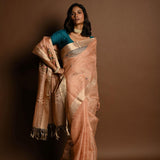 Pink Pure Linen Saree with Floral Resham Thread Embroidery Work - Anvi Couture