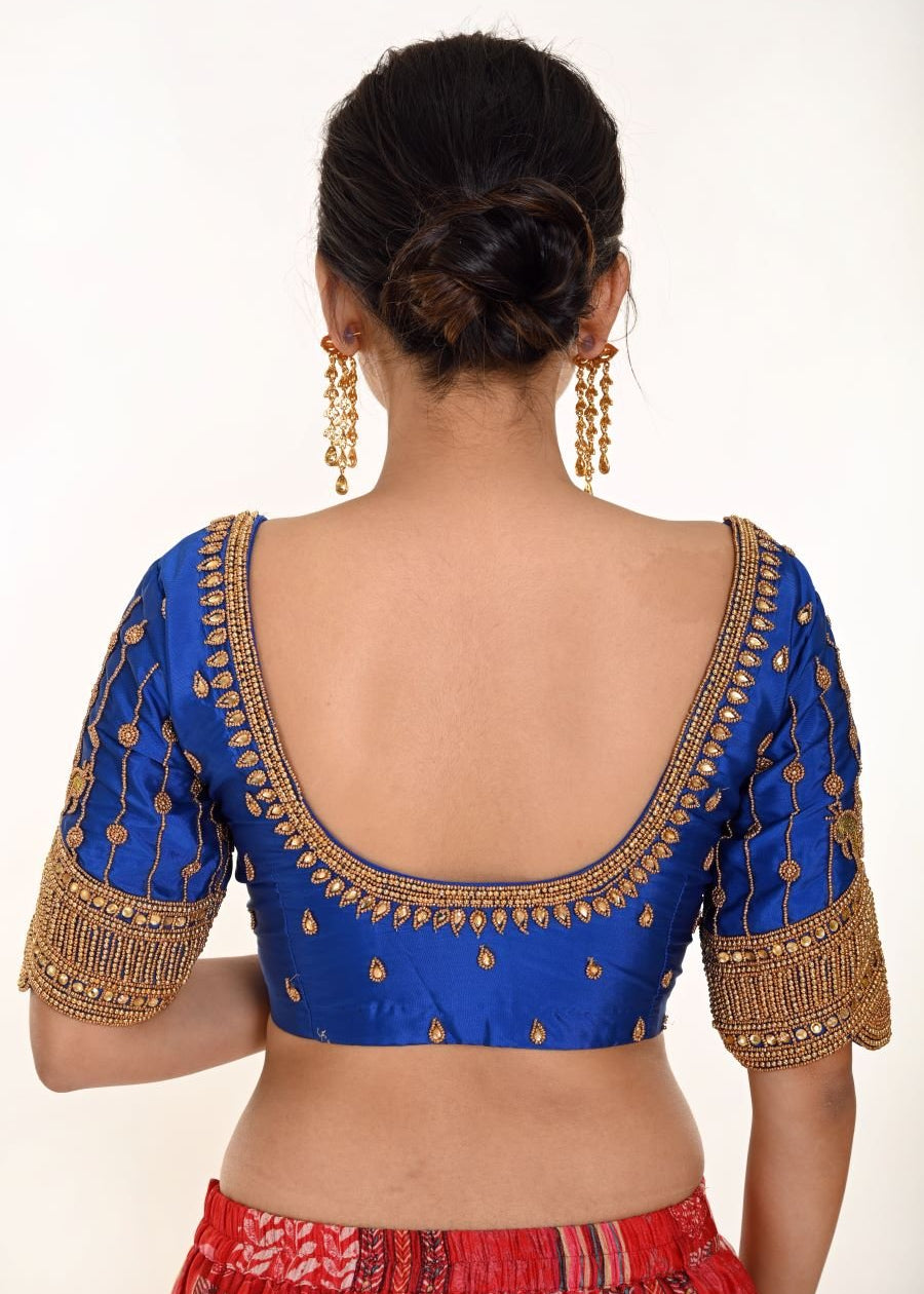 Blue Bridal Silk Blouse With Heavy Hand Embroidery Work - Anvi Couture