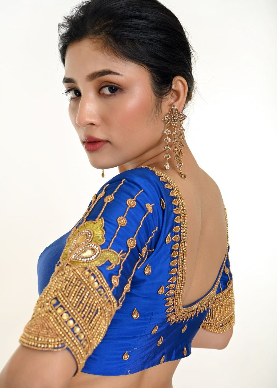 Blue Bridal Silk Blouse With Heavy Hand Embroidery Work - Anvi Couture