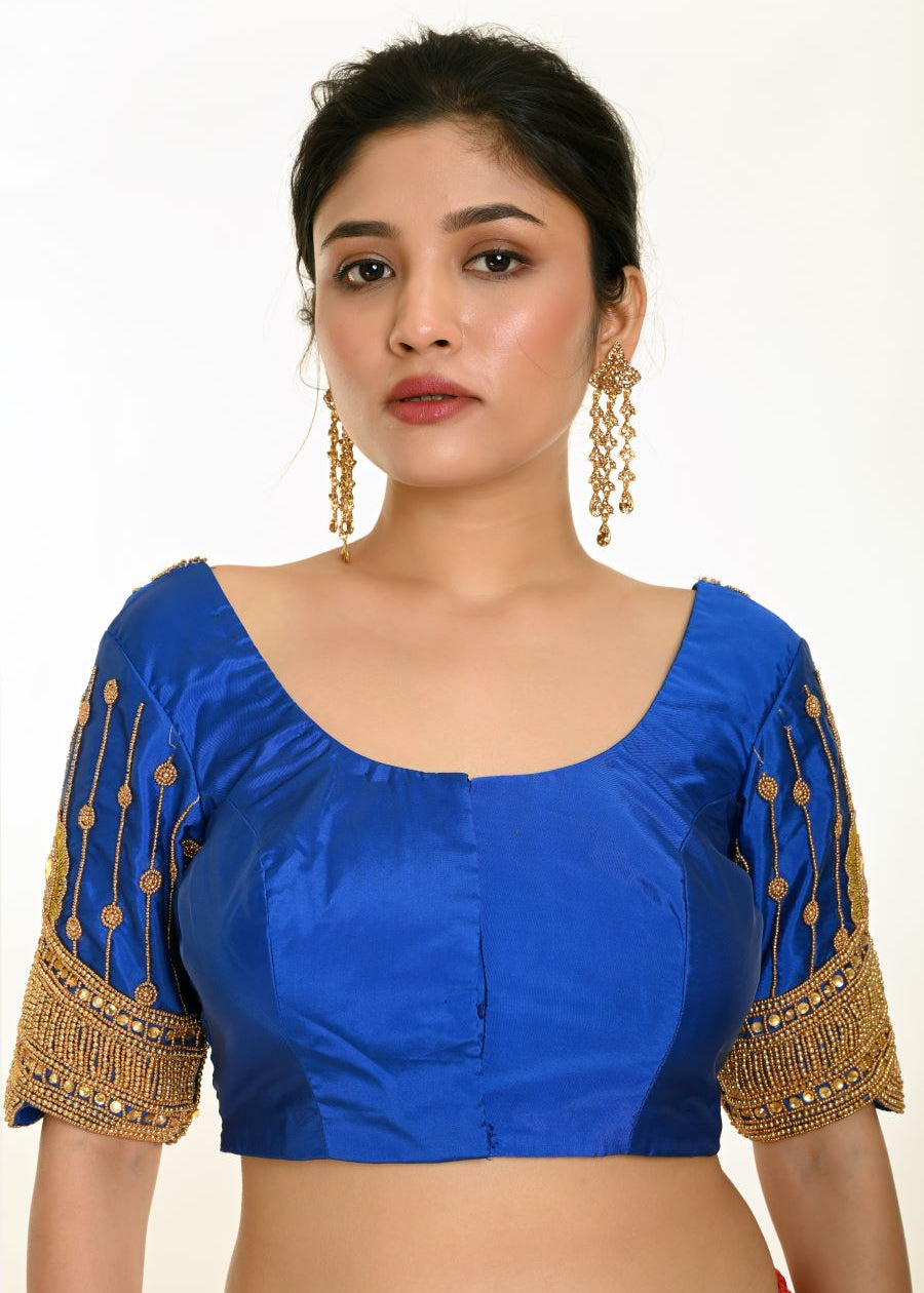 Blue Bridal Silk Blouse With Heavy Hand Embroidery Work - Anvi Couture