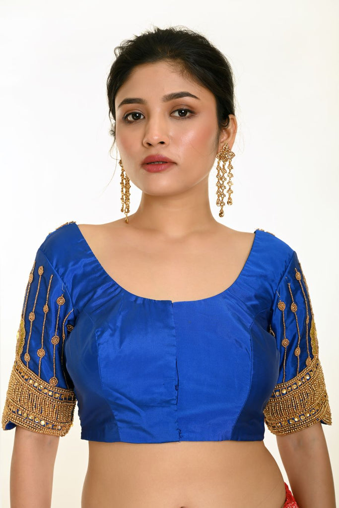 Blue Bridal Silk Blouse With Heavy Hand Embroidery Work