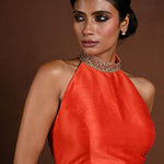 Orange High Neck Blouse with Sequin Collar and Back Closure - Anvi Couture