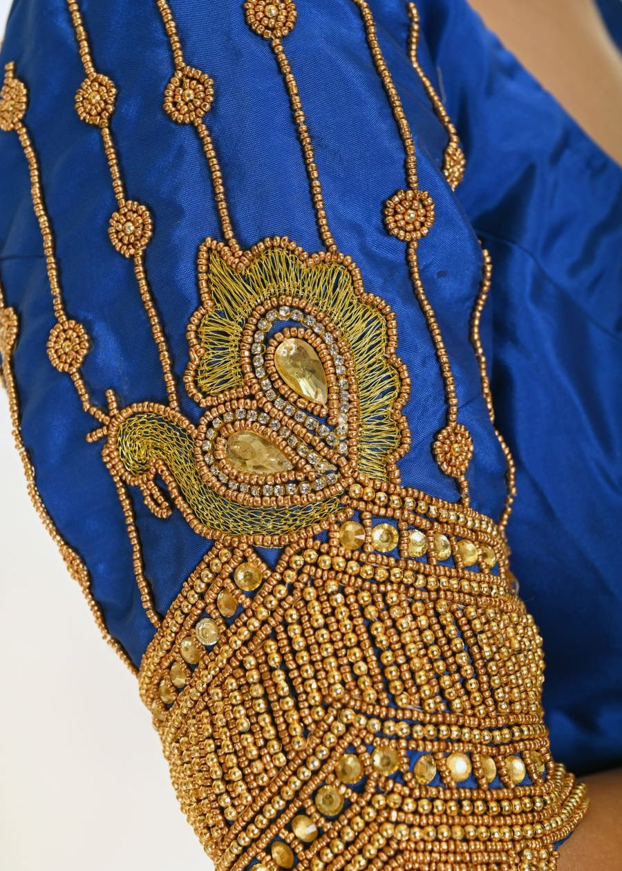 Blue Bridal Silk Blouse With Heavy Hand Embroidery Work - Anvi Couture