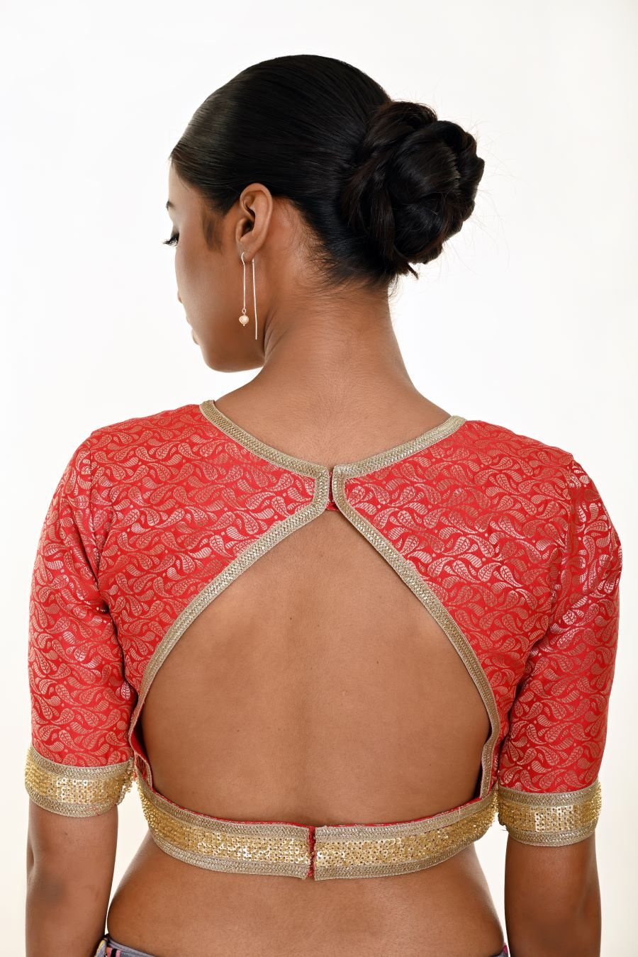 Red Blouse in Brocade Silk with Gold Embroidered Border - Anvi Couture