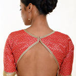 Red Blouse in Brocade Silk with Gold Embroidered Border - Anvi Couture