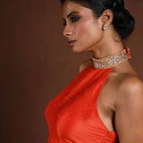 Orange High Neck Blouse with Sequin Collar and Back Closure - Anvi Couture