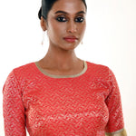 Red Blouse in Brocade Silk with Gold Embroidered Border - Anvi Couture