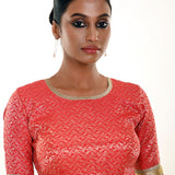 Red Blouse in Brocade Silk with Gold Embroidered Border - Anvi Couture