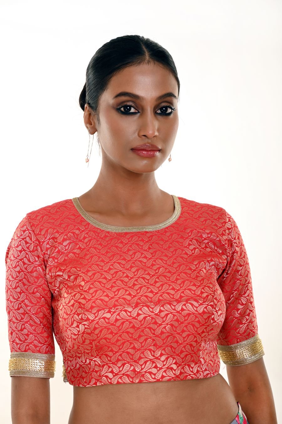 Red Blouse in Brocade Silk with Gold Embroidered Border - Anvi Couture