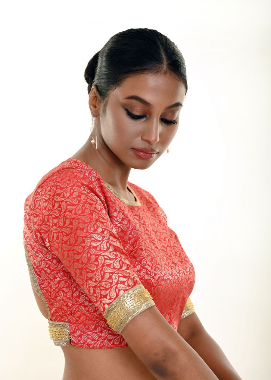 Red Blouse in Brocade Silk with Gold Embroidered Border - Anvi Couture