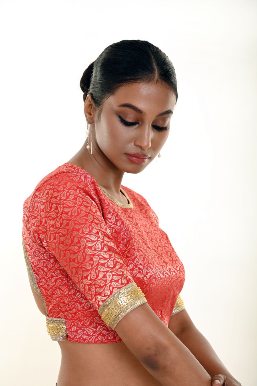 Red Blouse in Brocade Silk with Gold Embroidered Border - Anvi Couture