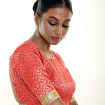 Red Blouse in Brocade Silk with Gold Embroidered Border - Anvi Couture