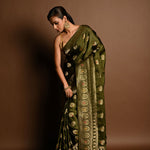 Olive Green Satin Silk Handloom Banarasi Saree - Image 3