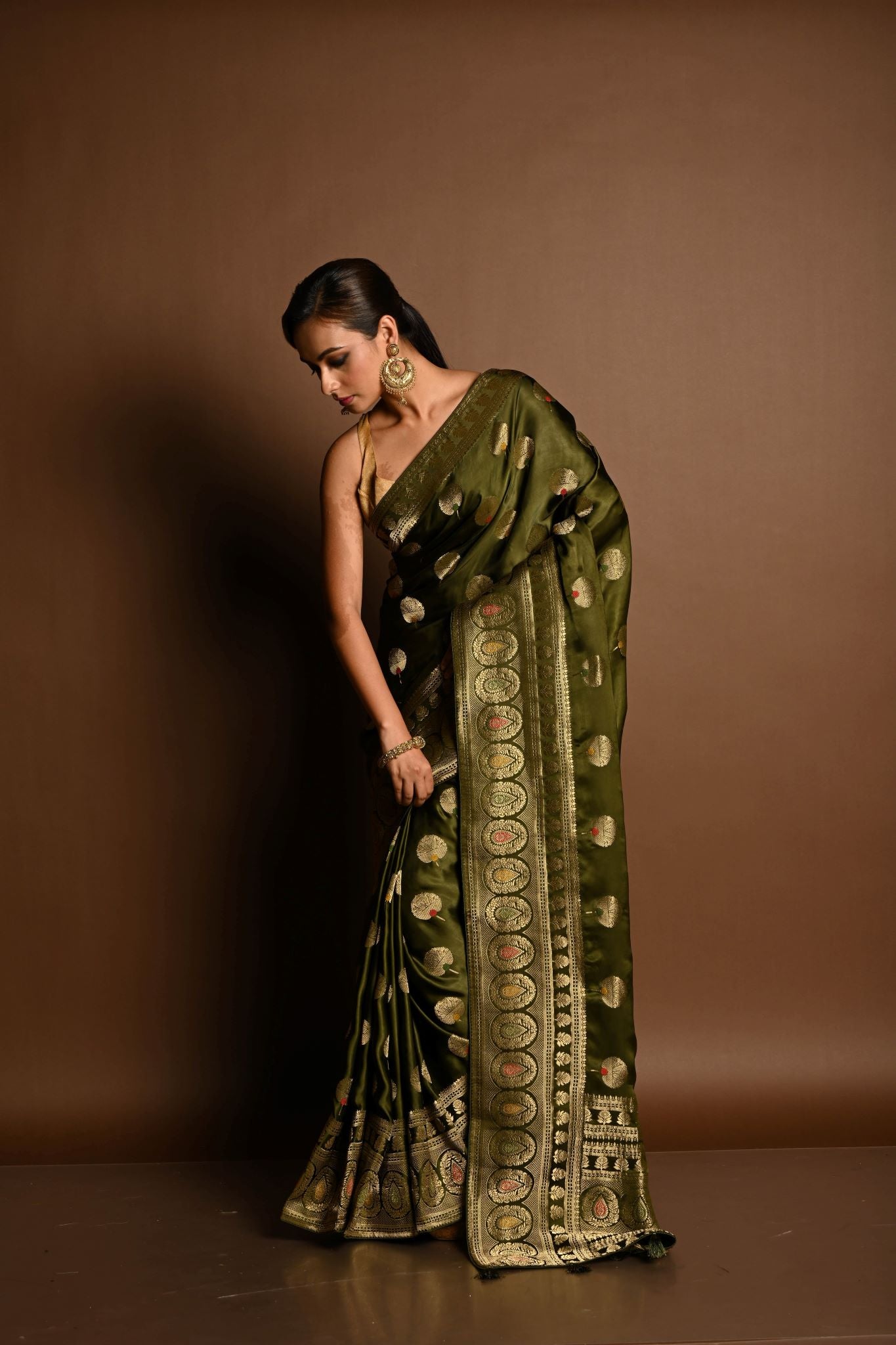 Olive Green Satin Silk Handloom Banarasi Saree - Anvi Couture