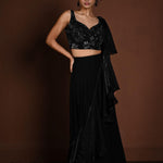 Black Party Wear Lehenga with Floral Motif Choli and Ruffle Dupatta - Anvi Couture