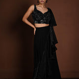 Black Party Wear Lehenga with Floral Motif Choli and Ruffle Dupatta - Anvi Couture