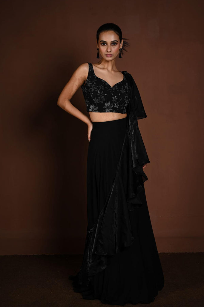 Black Party Wear Lehenga with Floral Motif Choli and Ruffle Dupatta