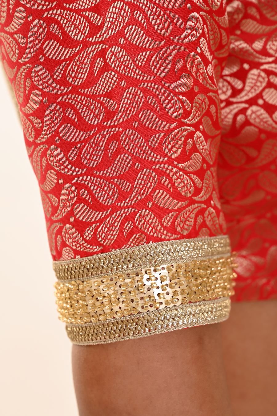 Red Blouse in Brocade Silk with Gold Embroidered Border - Anvi Couture