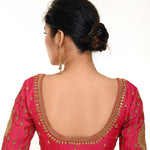 Pink Aari Work Bridal Blouse In Pure Silk with U-Neckline and Elbow Length Sleeves  - Anvi Couture