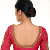 Pink Aari Work Bridal Blouse In Pure Silk with U-Neckline and Elbow Length Sleeves  - Anvi Couture