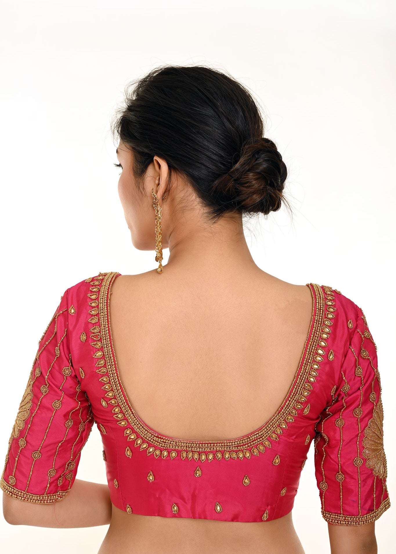 Pink Aari Work Bridal Blouse In Pure Silk with U-Neckline and Elbow Length Sleeves  - Anvi Couture