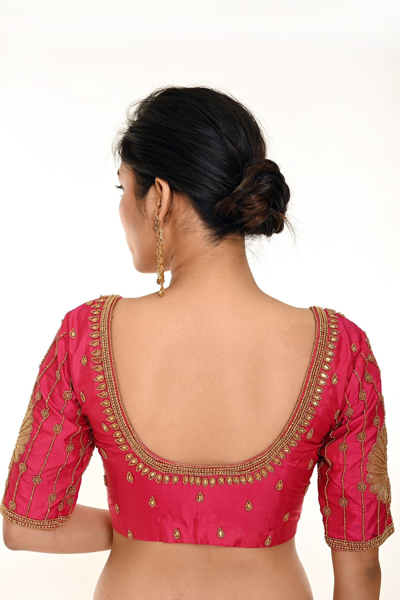 Pink Aari Work Bridal Blouse In Pure Silk with U-Neckline and Elbow Length Sleeves  - Anvi Couture