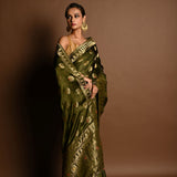 Olive Green Satin Silk Handloom Banarasi Saree - Image 4