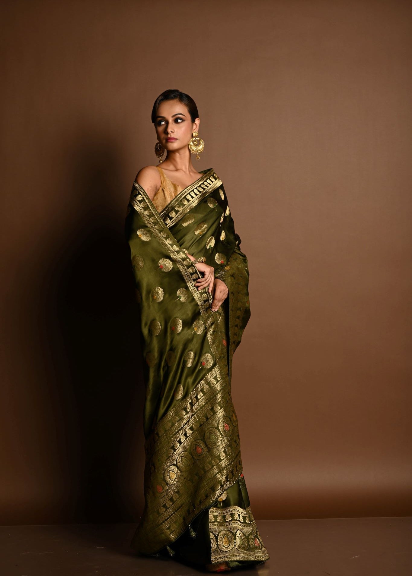Olive Green Satin Silk Handloom Banarasi Saree - Image 4