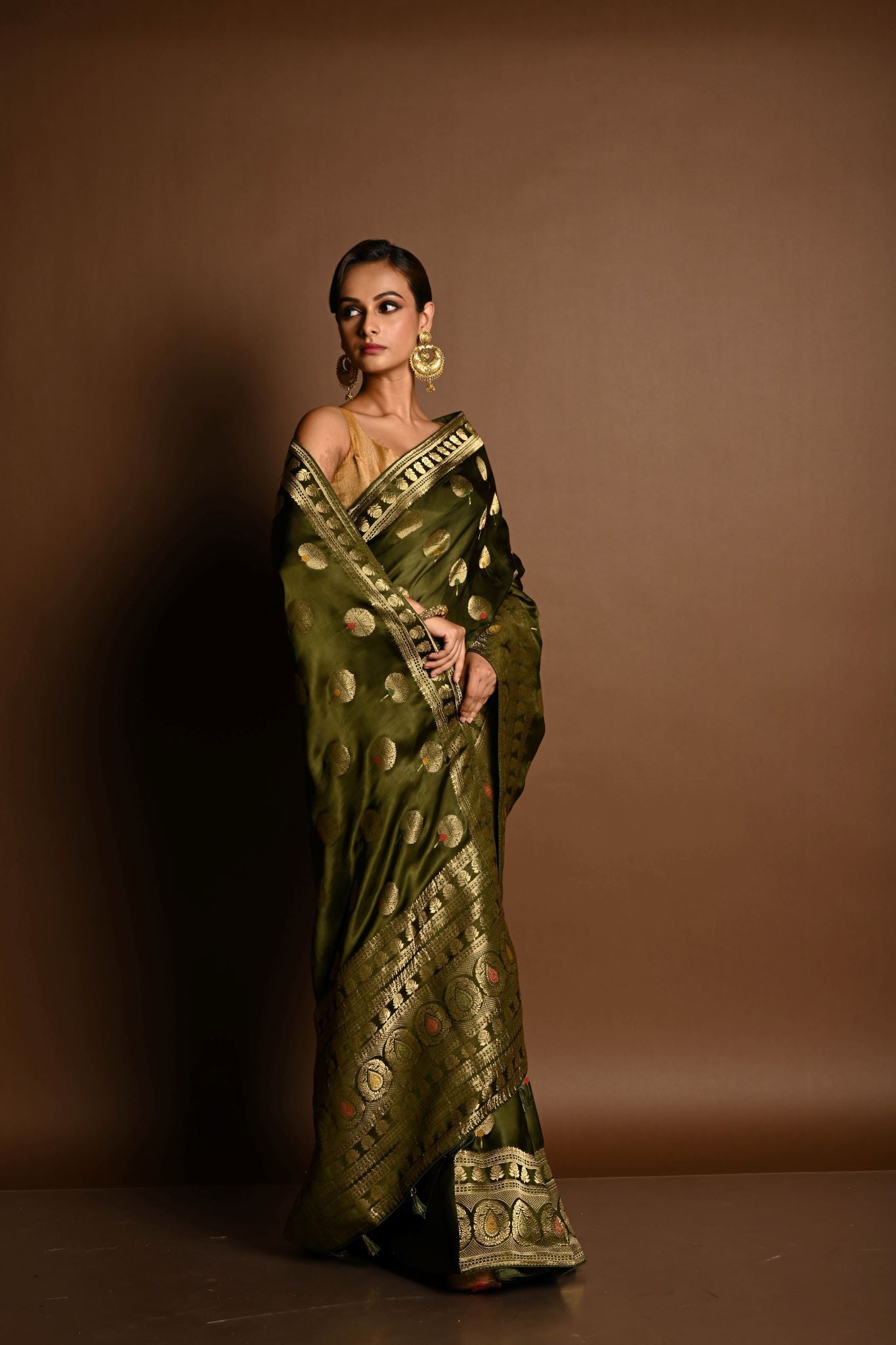 Olive Green Satin Silk Handloom Banarasi Saree - Image 4