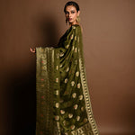 Olive Green Satin Silk Handloom Banarasi Saree - Anvi Couture