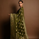 Olive Green Satin Silk Handloom Banarasi Saree - Anvi Couture