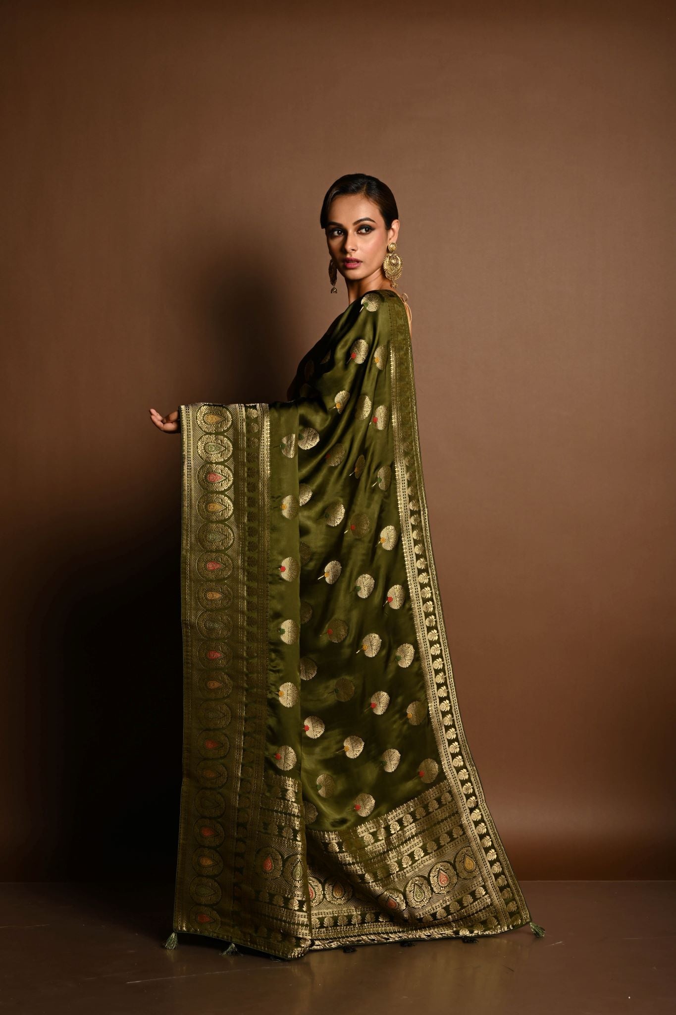 Olive Green Satin Silk Handloom Banarasi Saree - Anvi Couture