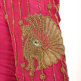 Pink Aari Work Bridal Blouse In Pure Silk with U-Neckline and Elbow Length Sleeves  - Anvi Couture