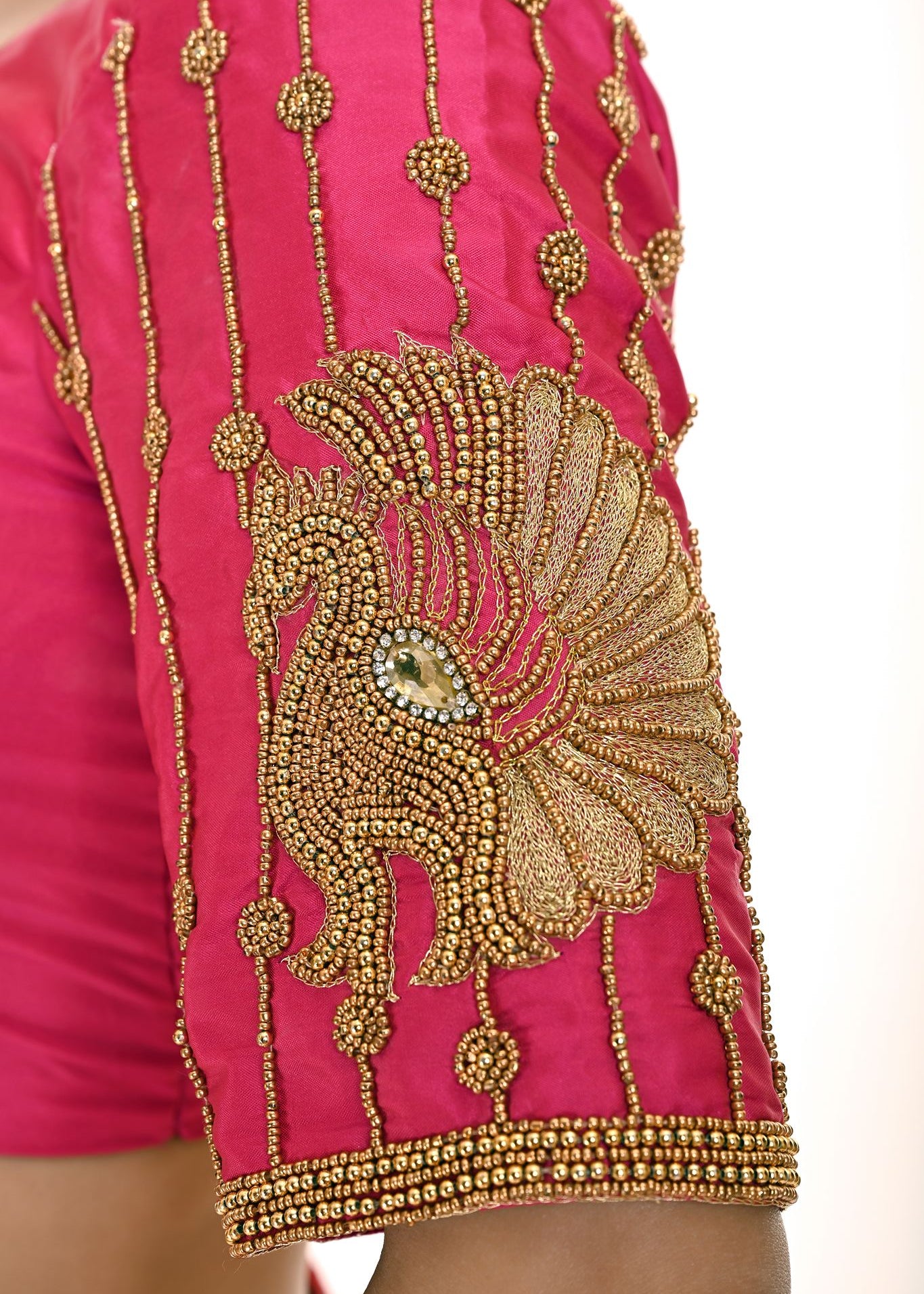 Pink Aari Work Bridal Blouse In Pure Silk with U-Neckline and Elbow Length Sleeves  - Anvi Couture