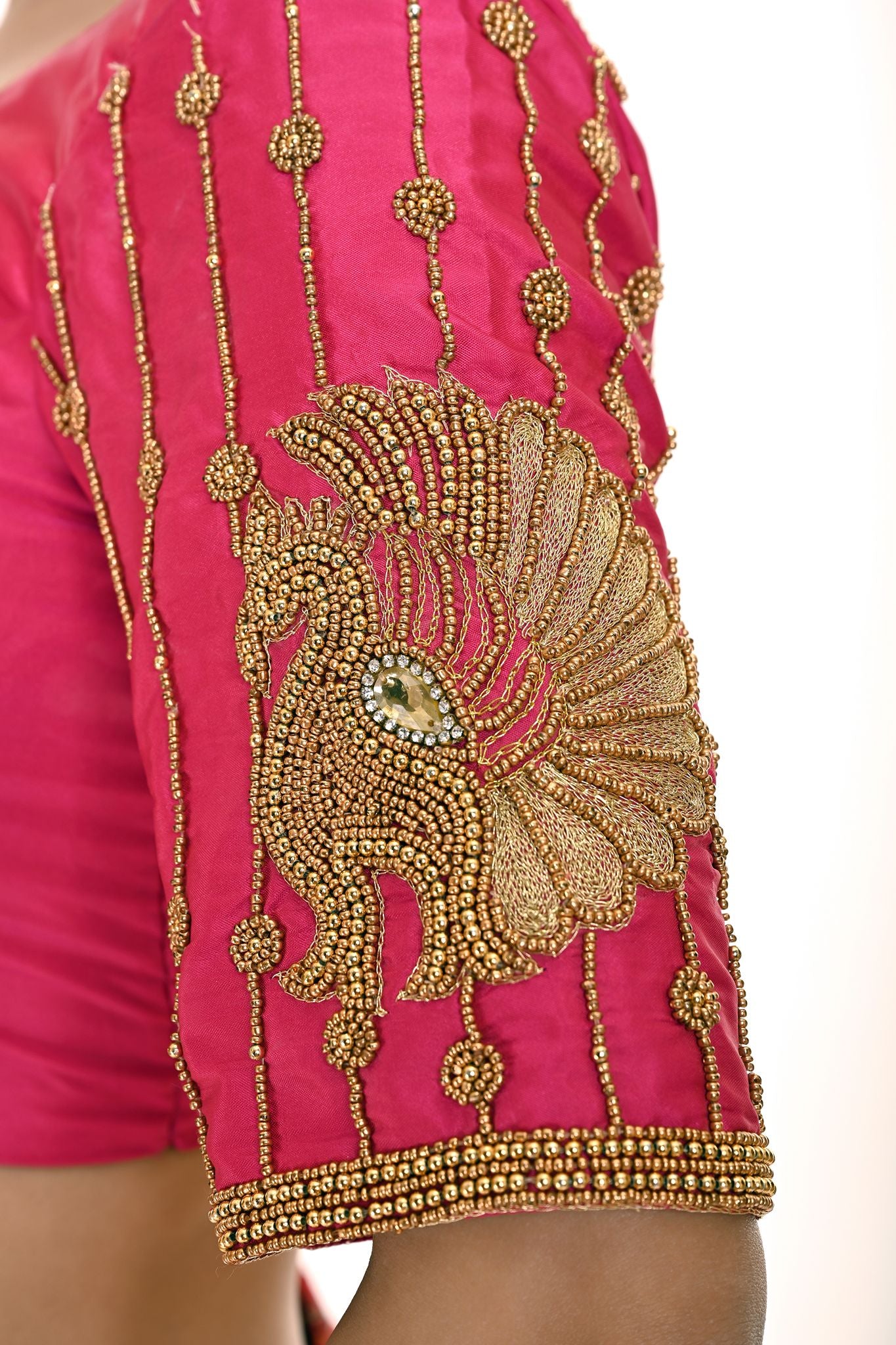 Pink Aari Work Bridal Blouse In Pure Silk with U-Neckline and Elbow Length Sleeves  - Anvi Couture