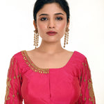 Pink Aari Work Bridal Blouse In Pure Silk with U-Neckline and Elbow Length Sleeves  - Anvi Couture